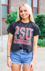 The Erin FSU Block Vintage Cropped Tee (Black)