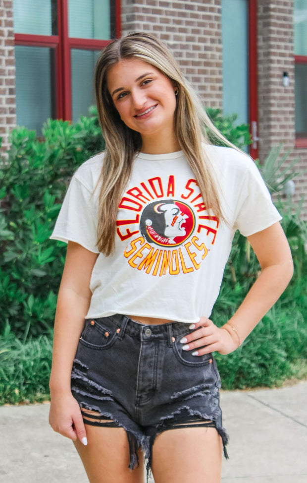 The Erin Seminoles Circle Vintage Cropped Tee (Vintage White)