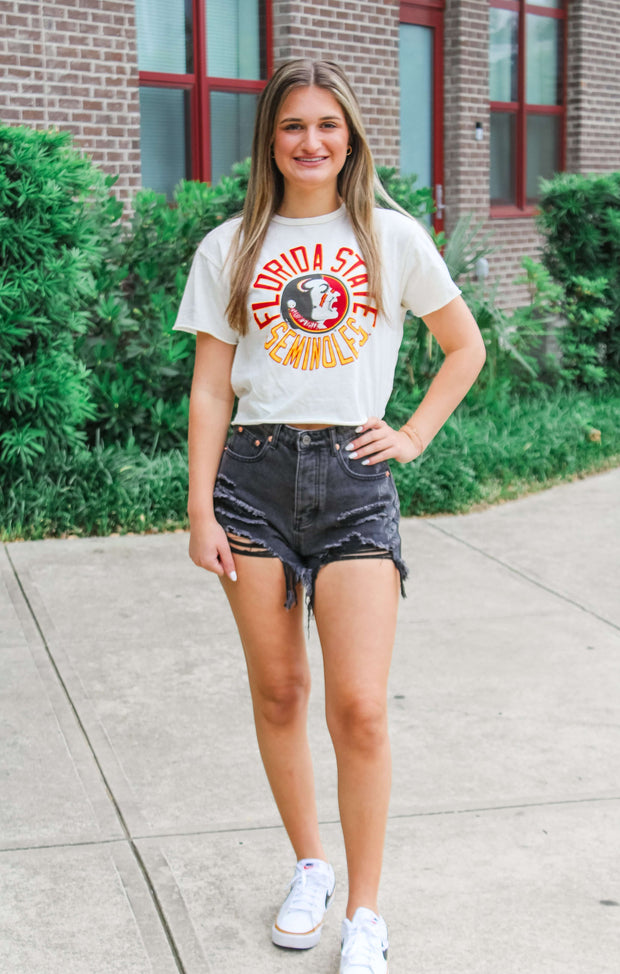 The Erin Seminoles Circle Vintage Cropped Tee (Vintage White)