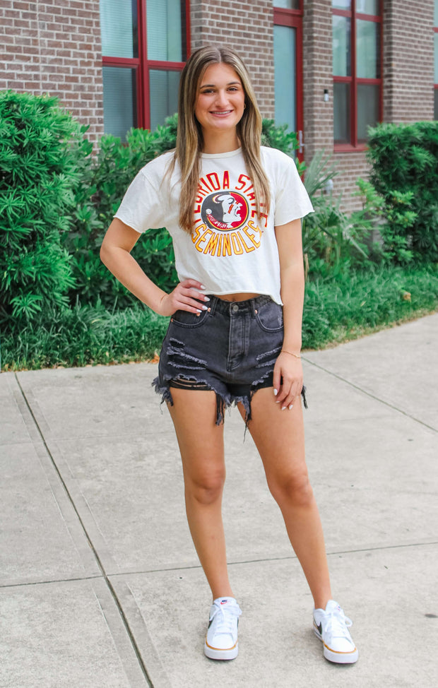 The Erin Seminoles Circle Vintage Cropped Tee (Vintage White)