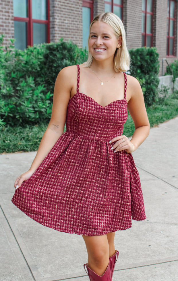 The Tweed Garnet + Gold Dress