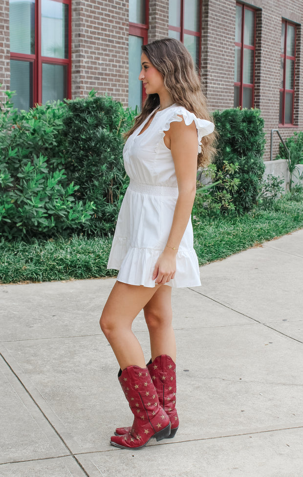 The V-Neck Ruffle Romper (White)